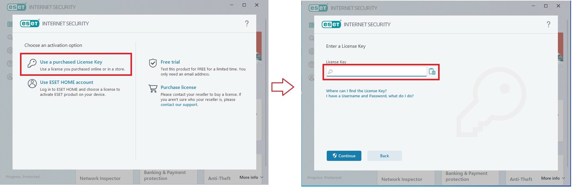 Entering license key